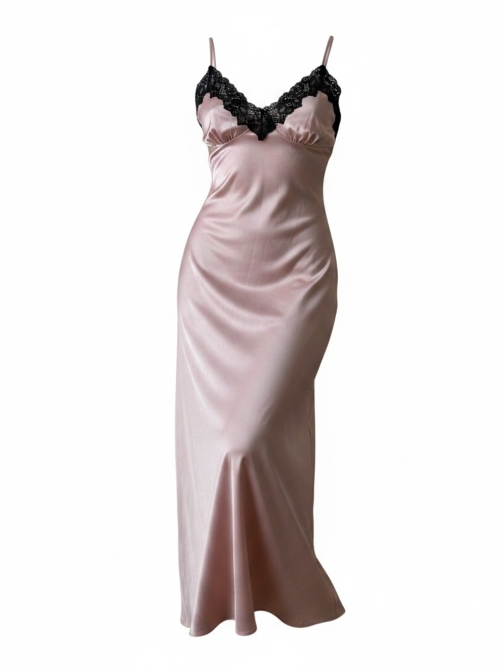 Silk-Feel Pink Lace Trim Nightgown- Unbranded